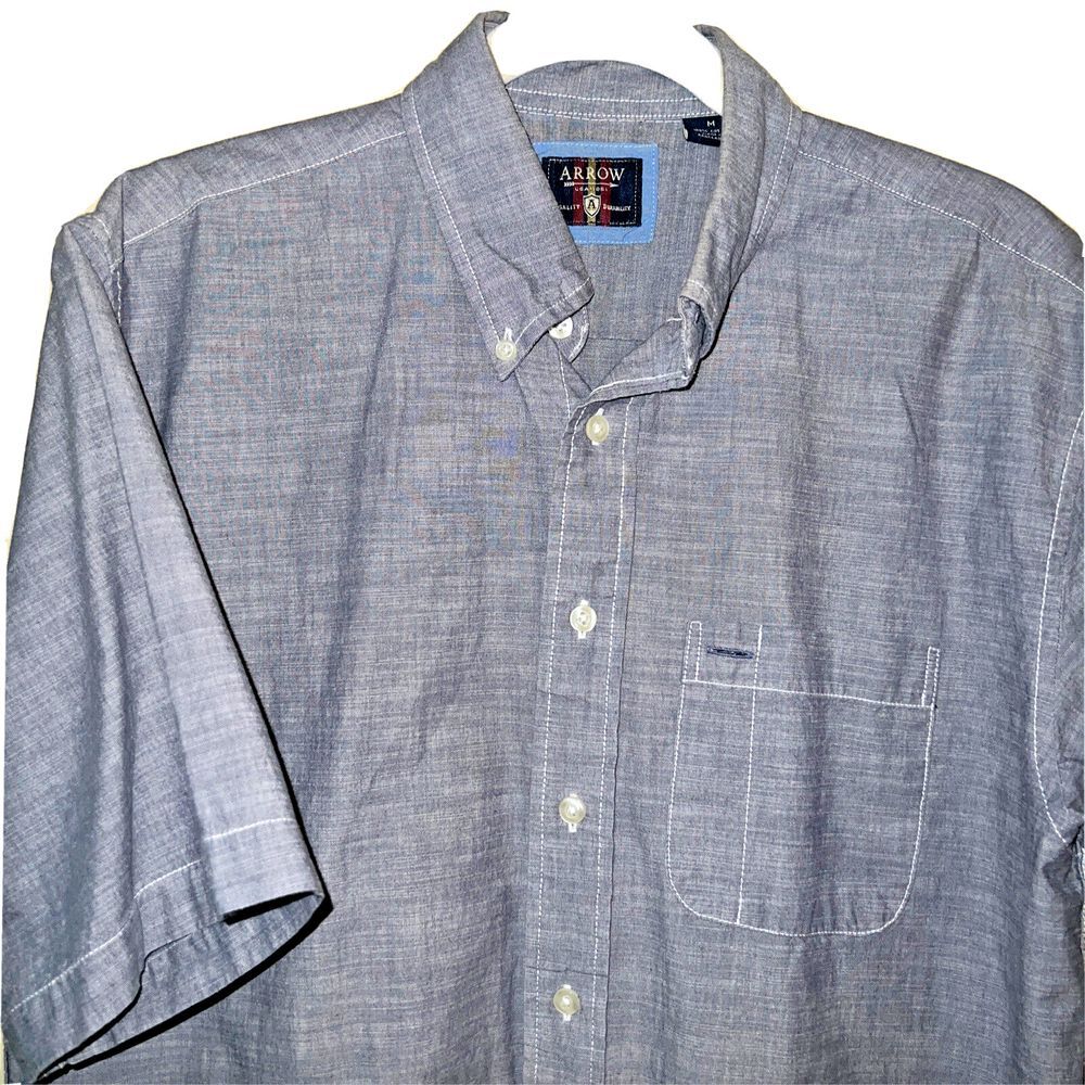 Arrow Men's‎ Medium Blue Weave Short Sleeve Button Up Shirt  White Stitching